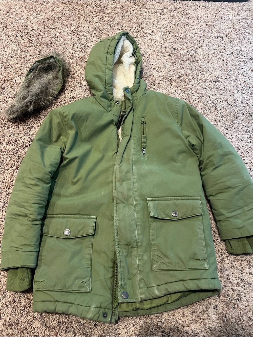 Cat & Jack Olive Green Hooded Puffer Coat with Faux Fur Trim